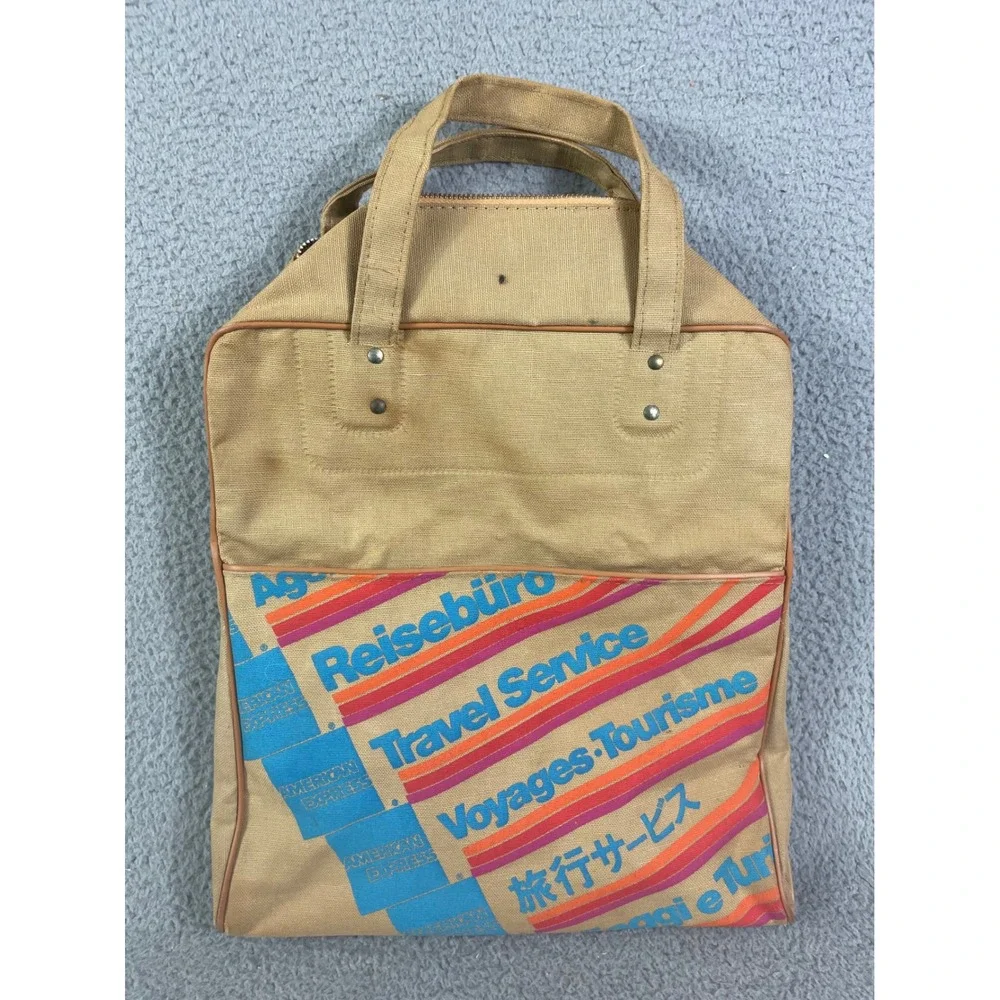 American‎ Express Travel Service Canvas Duffle Bag Beige Blue Logo Zip Top